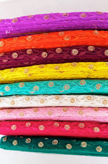 Wholesale Fuchsia Pink Net Lace Trim Floral Embroidery & Glitter Gold Sequins Indian Wedding Giftwrap Ribbon, Crafting Decorative Trimming